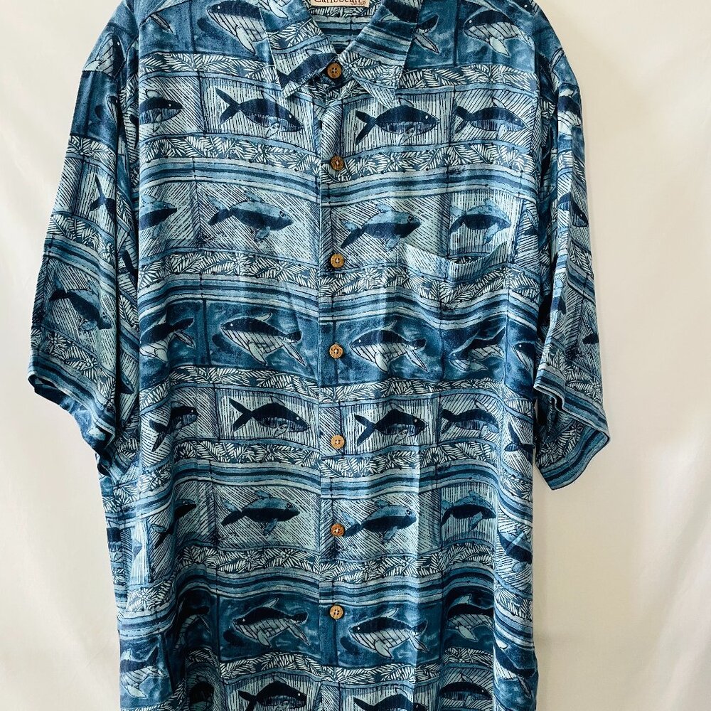 Caribbean Mens Blue Y2K Fish Print Hawaiian Beach Button Up Shirt Size X-Large